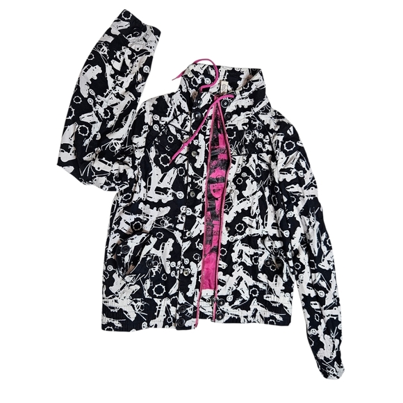Empyre Y2K Punk Streetwear Jacket Black/White Airplane Print Pink Graphic Lining - Picture 3 of 13